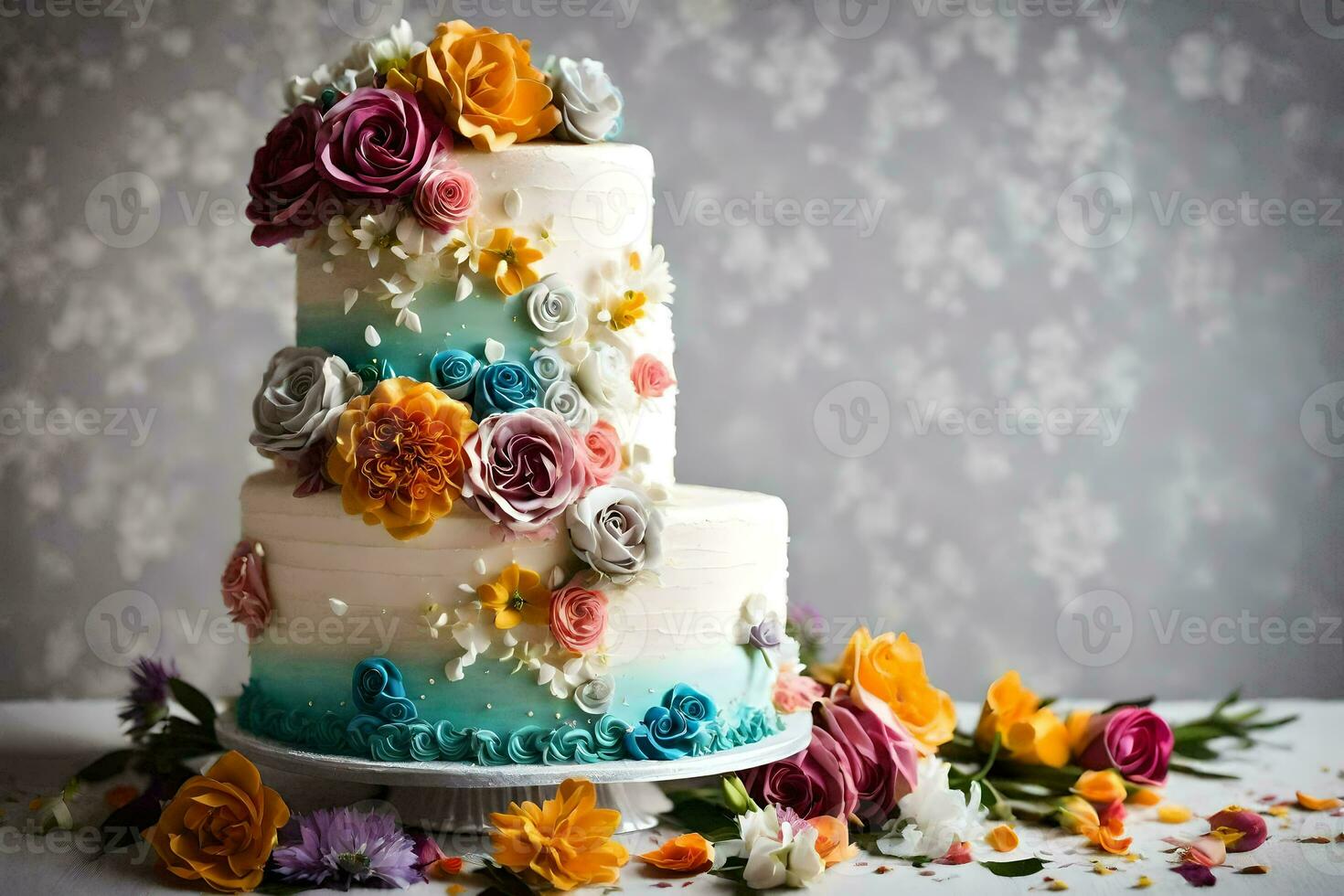 ein drei abgestuft Kuchen mit bunt Blumen. KI-generiert foto