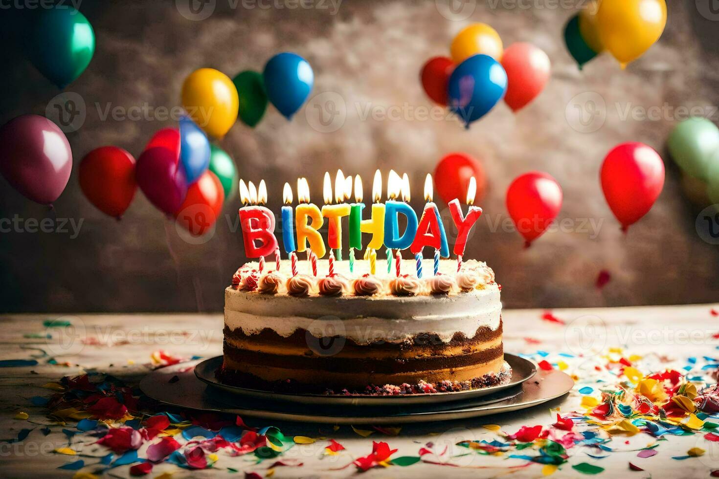 Geburtstag Kuchen mit Kerzen und Luftballons auf ein hölzern Hintergrund. KI-generiert foto