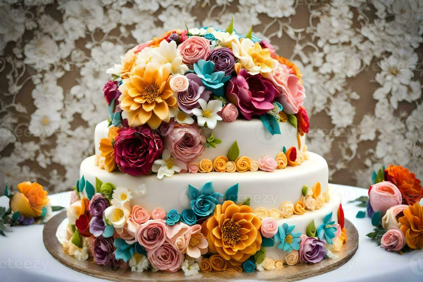 ein Hochzeit Kuchen mit bunt Blumen auf oben. KI-generiert foto