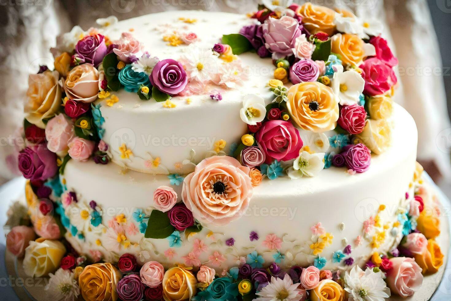 ein Hochzeit Kuchen dekoriert mit bunt Blumen. KI-generiert foto