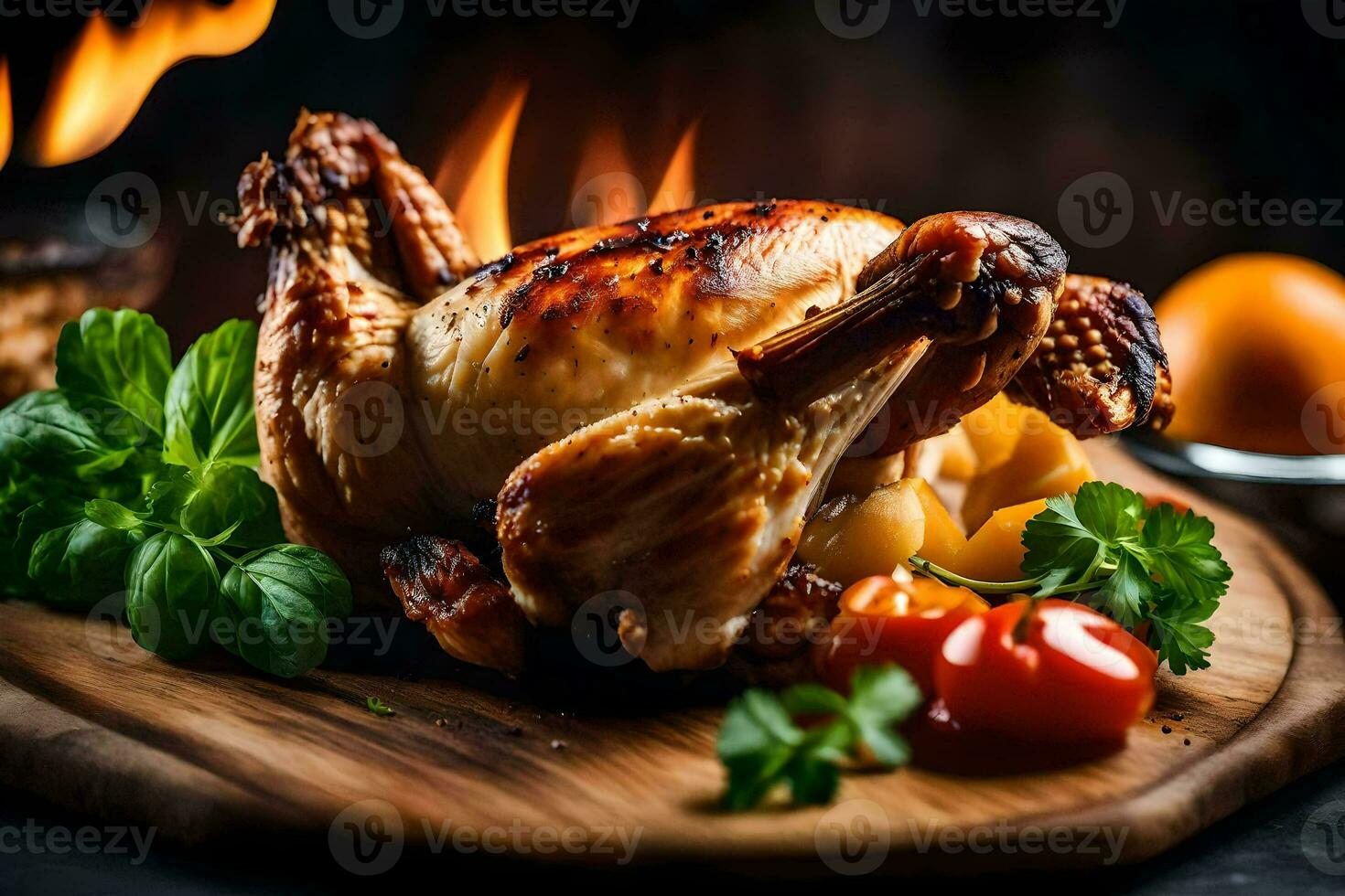 ein geröstet Hähnchen auf ein hölzern Schneiden Tafel mit Gemüse. KI-generiert foto