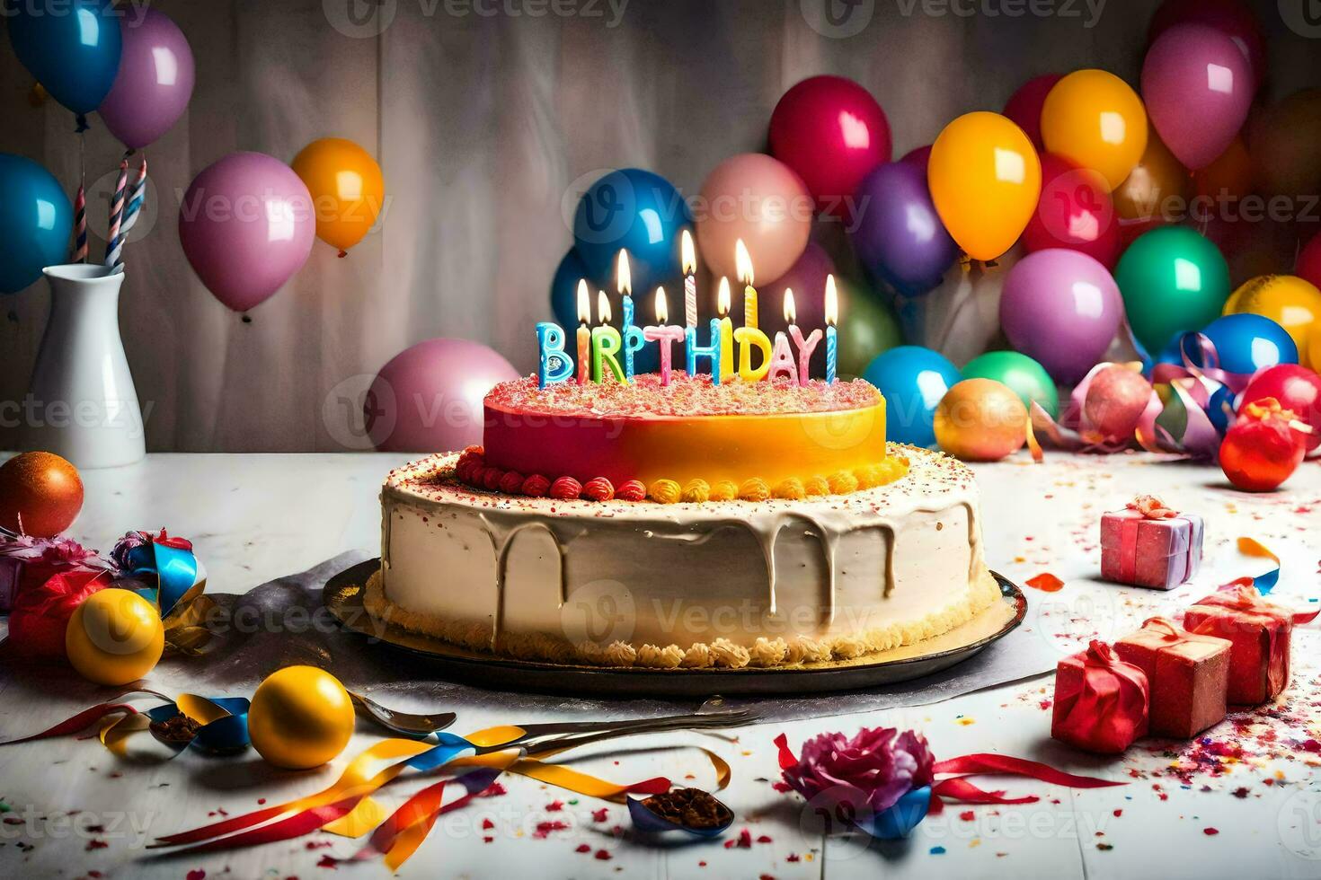 Geburtstag Kuchen mit Kerzen und Luftballons. KI-generiert foto