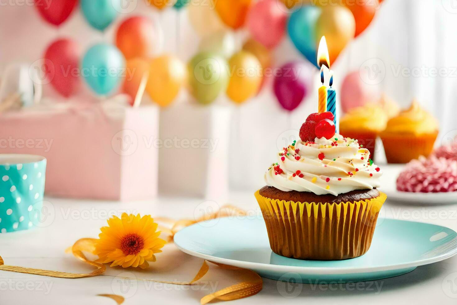 ein Cupcake mit ein Geburtstag Kerze auf oben. KI-generiert foto