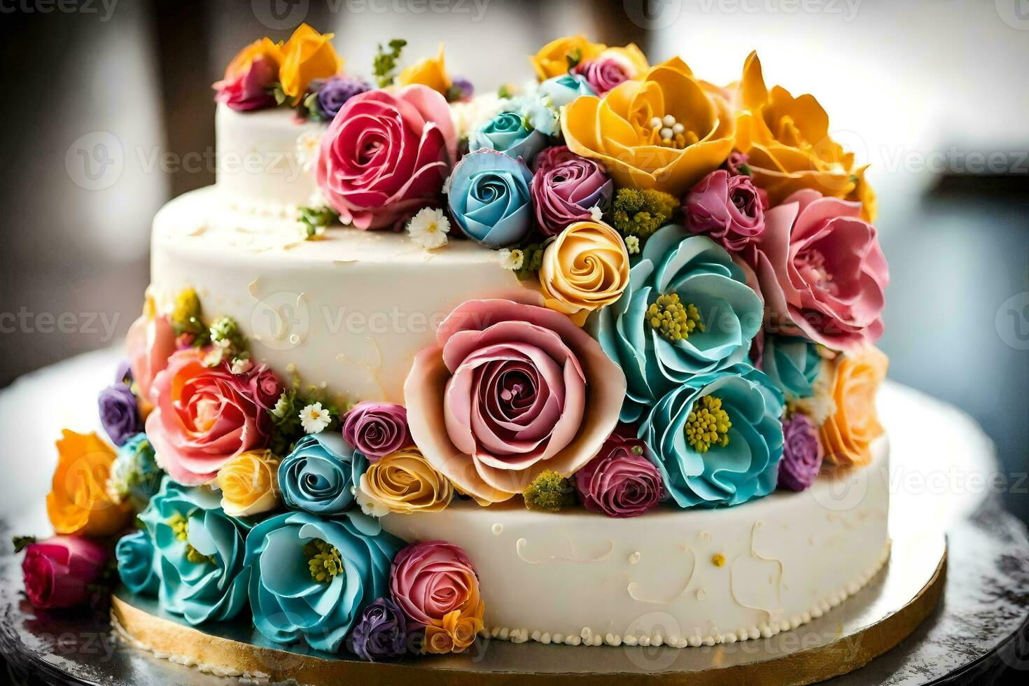 ein Kuchen dekoriert mit bunt Blumen. KI-generiert foto