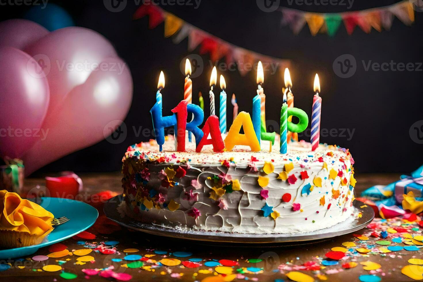 ein Geburtstag Kuchen mit zündete Kerzen und Konfetti. KI-generiert foto