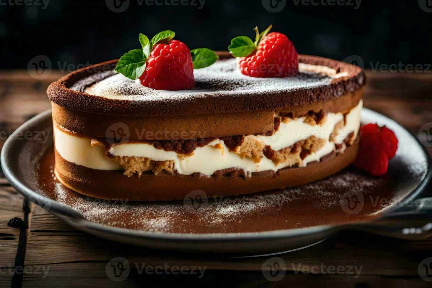 ein Schokolade Kuchen mit Sahne und Erdbeeren auf oben. KI-generiert foto