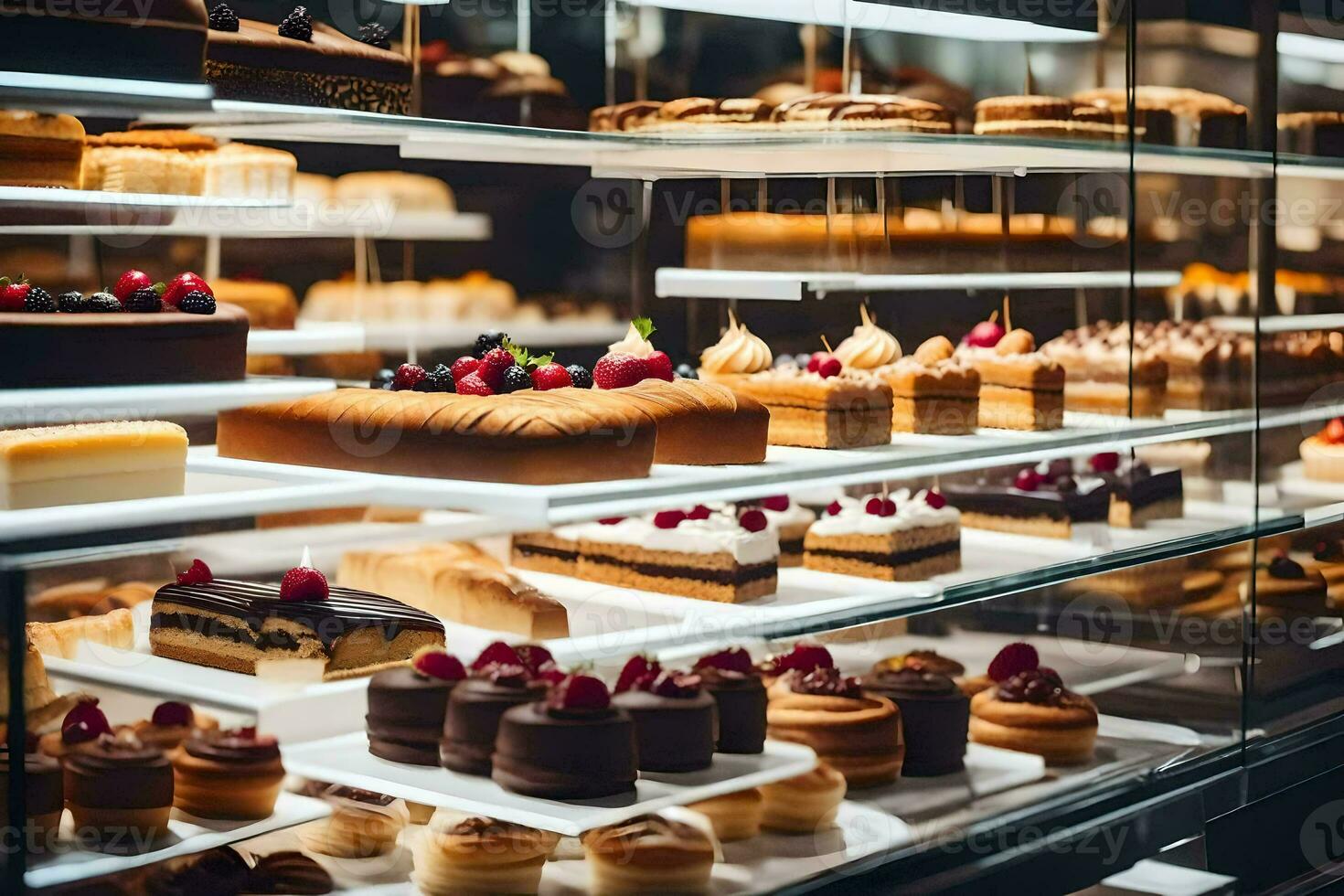 viele anders Typen von Kuchen sind auf Anzeige im ein Glas Fall. KI-generiert foto