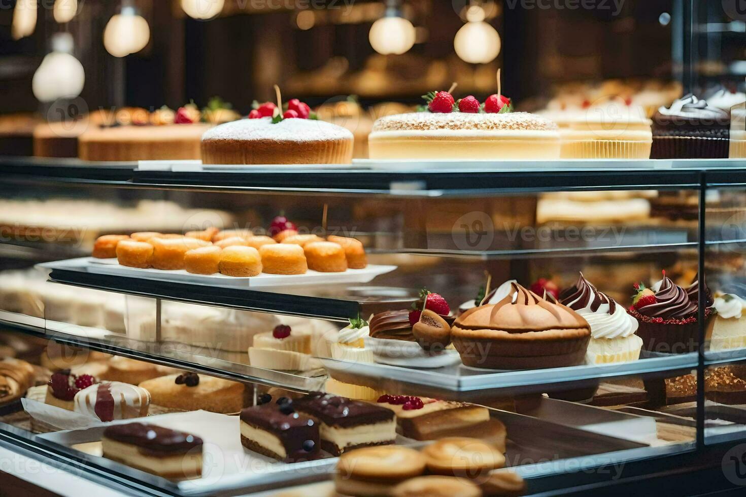 ein Anzeige Fall gefüllt mit verschiedene Typen von Kuchen. KI-generiert foto