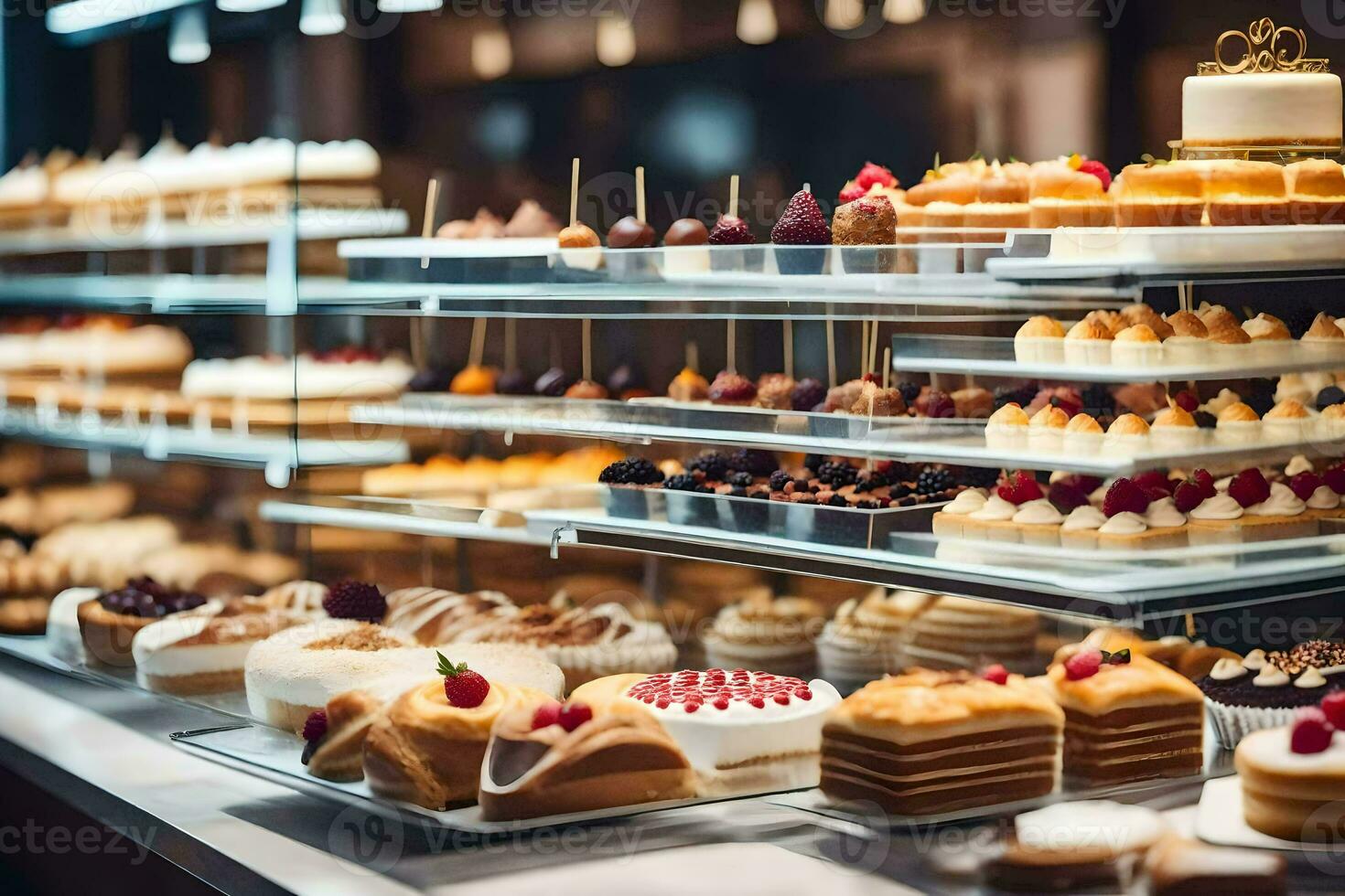 viele anders Typen von Kuchen sind auf Anzeige im ein Bäckerei. KI-generiert foto