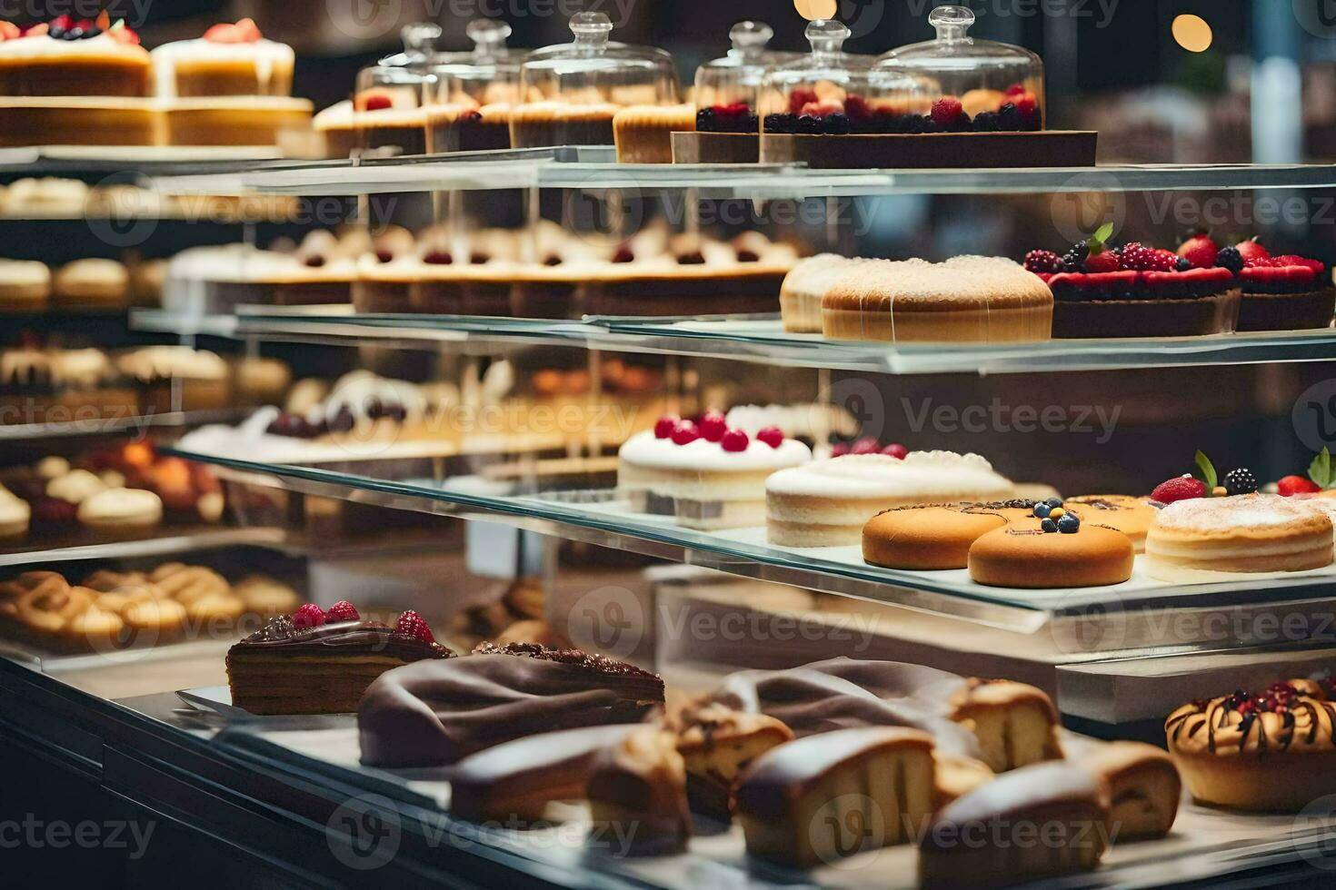 ein Bäckerei Anzeige mit viele anders Typen von Kuchen. KI-generiert foto