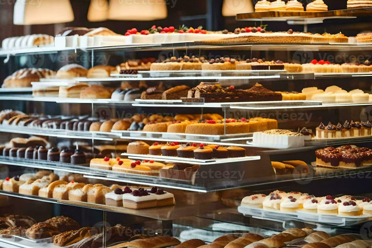 viele anders Typen von Gebäck sind auf Anzeige im ein Bäckerei. KI-generiert foto