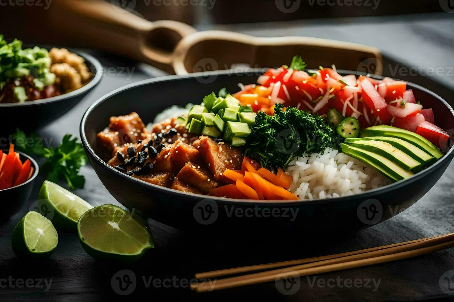 ein Schüssel von asiatisch Essen mit Essstäbchen und Reis. KI-generiert foto