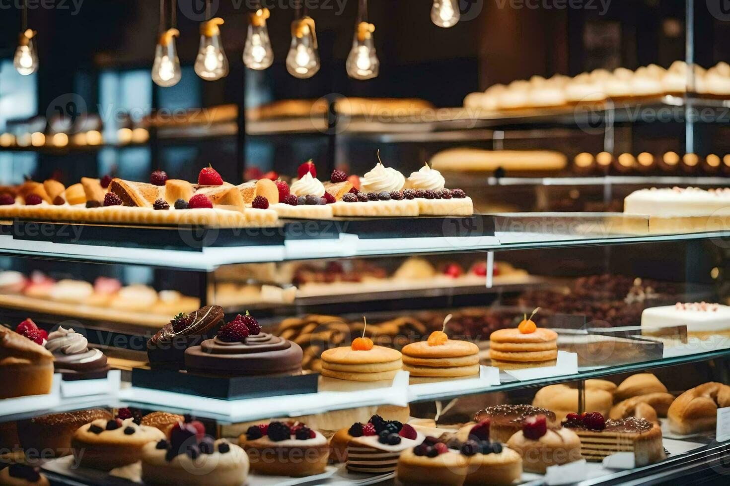 viele anders Typen von Kuchen sind auf Anzeige im ein Bäckerei. KI-generiert foto