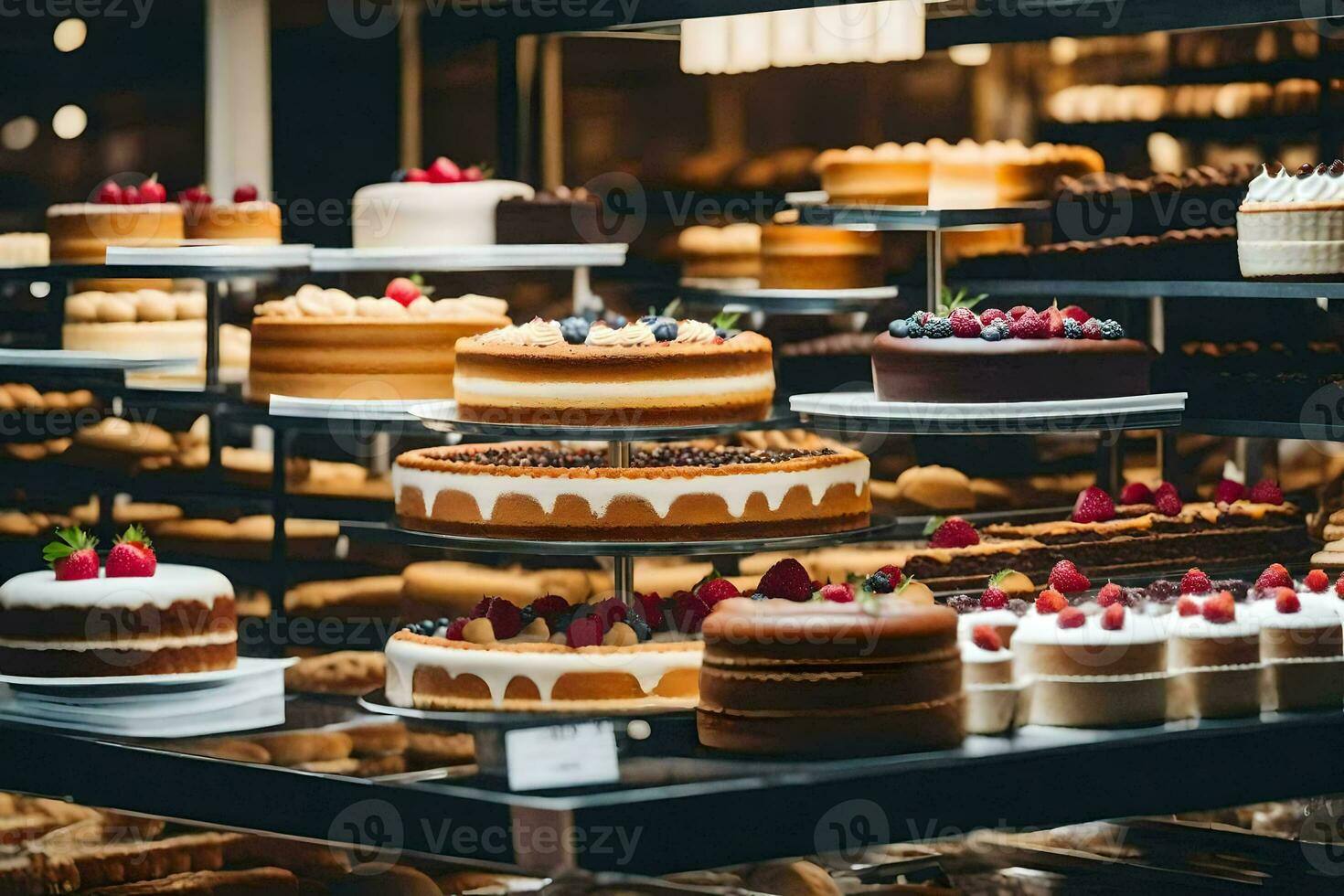 viele anders Typen von Kuchen sind auf Anzeige im ein Bäckerei. KI-generiert foto