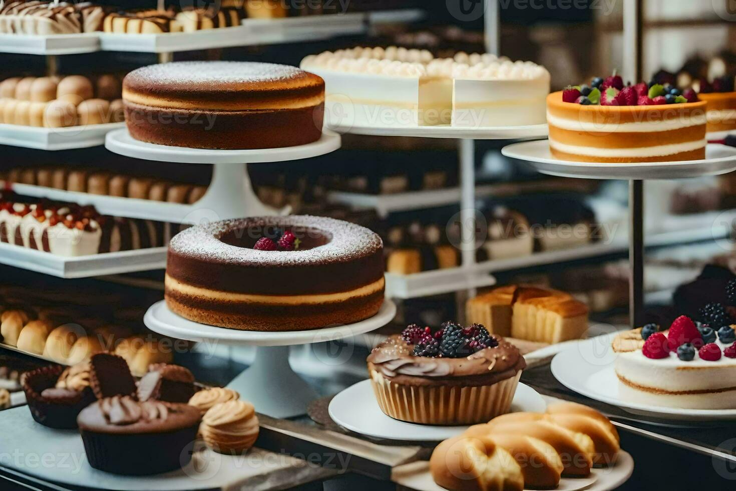 viele anders Typen von Kuchen sind auf Anzeige im ein Bäckerei. KI-generiert foto