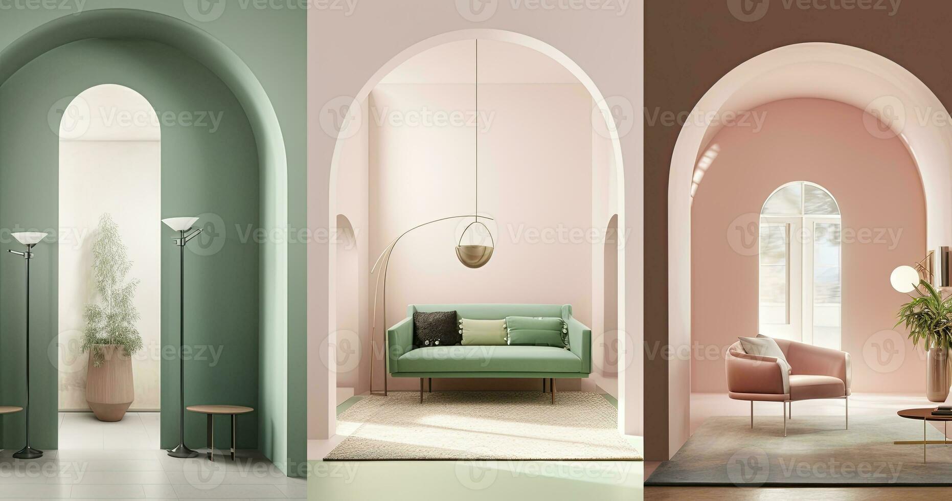 Mitte des Jahrhunderts modern Zuhause Dekor. Umarmen Licht Rosa und Licht Smaragd Farbe Tendenzen, gewölbt Türen, Berlin Sezession beeinflussen, spielerisch und karikaturistisch Elemente. ai generiert foto