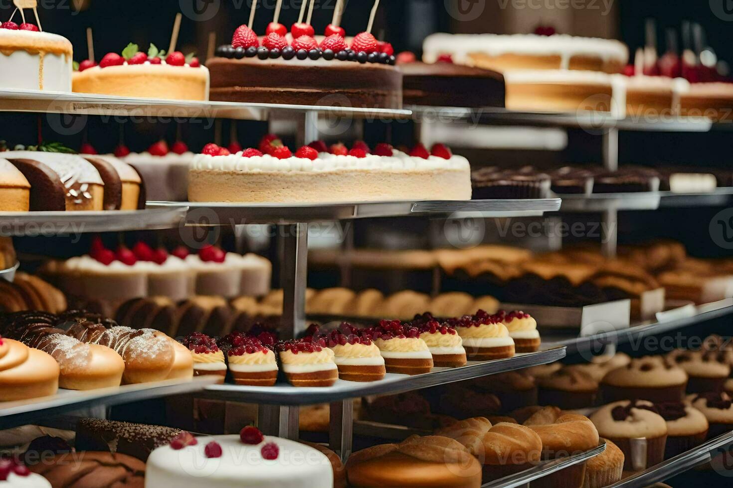 viele anders Typen von Kuchen sind auf Anzeige im ein Bäckerei. KI-generiert foto