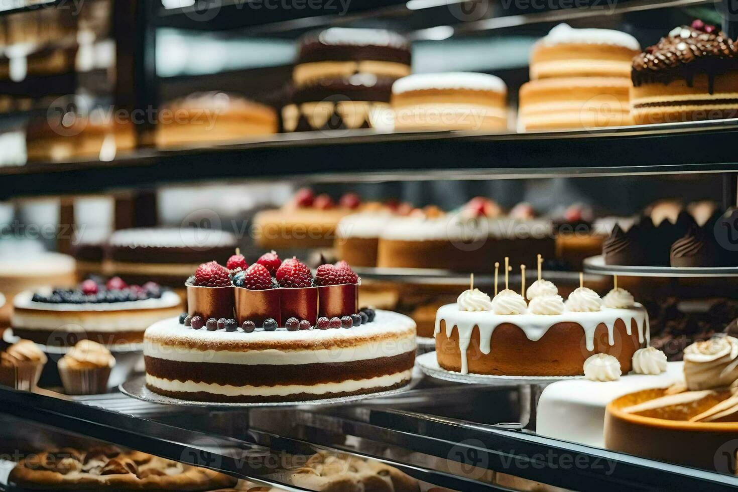 viele anders Typen von Kuchen sind auf Anzeige im ein Bäckerei. KI-generiert foto