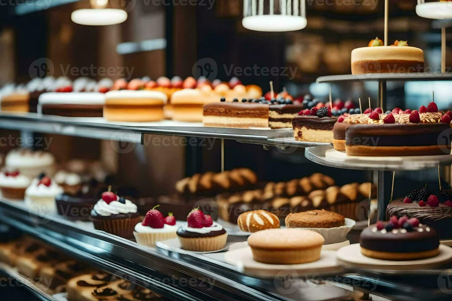 viele anders Typen von Kuchen sind auf Anzeige im ein Bäckerei. KI-generiert foto