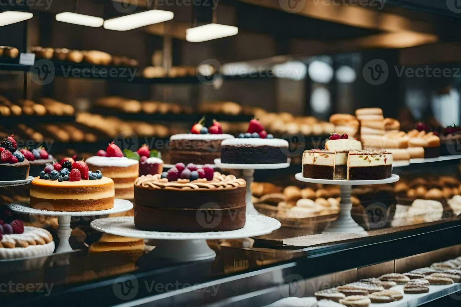 viele anders Typen von Kuchen sind auf Anzeige im ein Bäckerei. KI-generiert foto