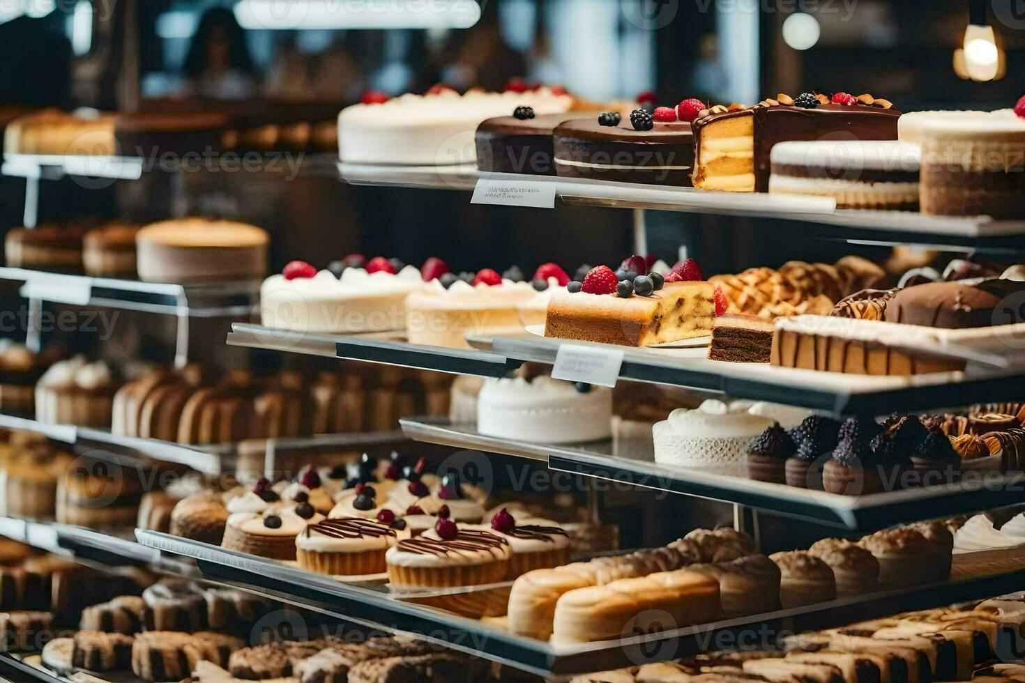 viele anders Typen von Kuchen sind auf Anzeige im ein Bäckerei. KI-generiert foto