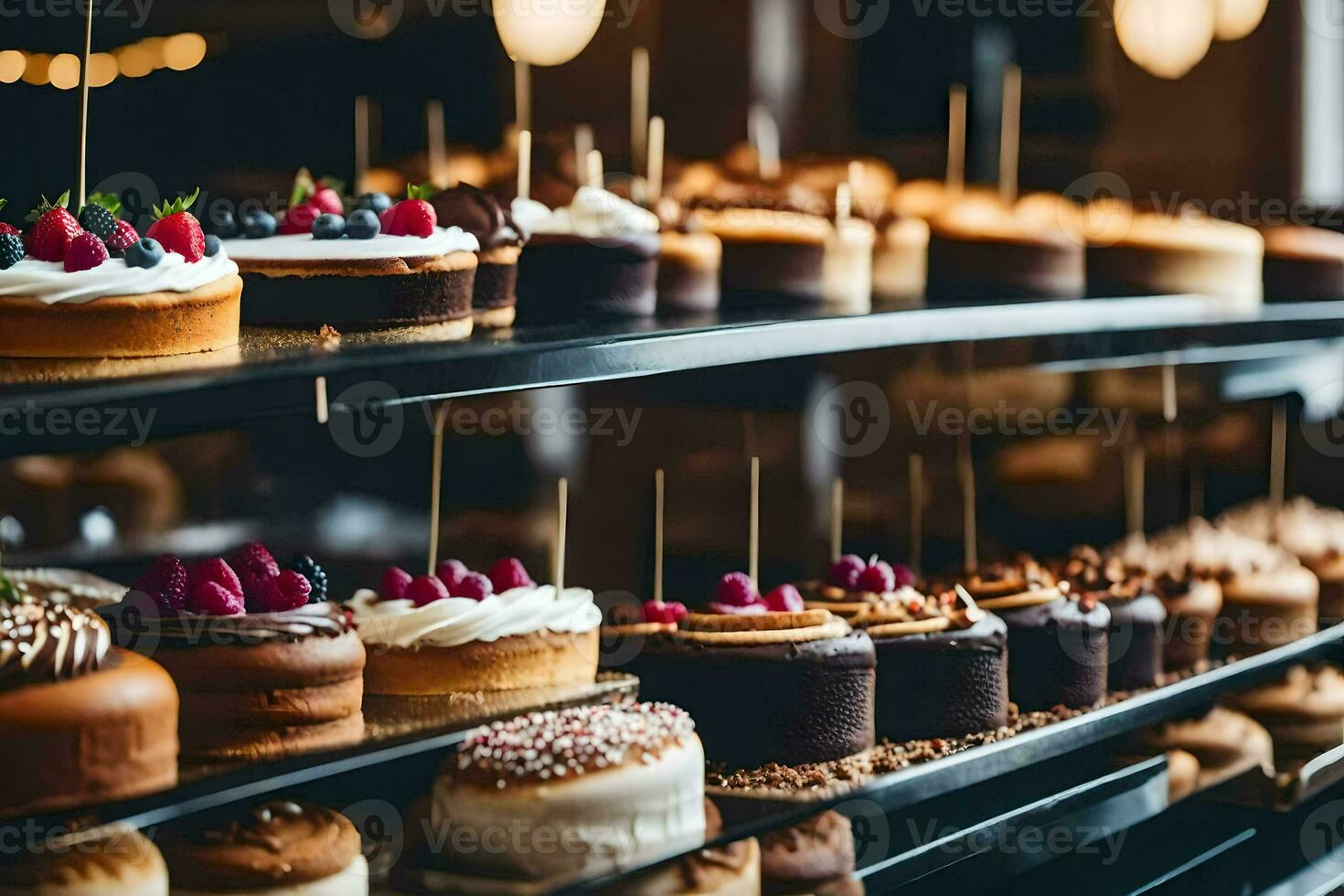 viele anders Typen von Kuchen sind auf Anzeige im ein Bäckerei. KI-generiert foto