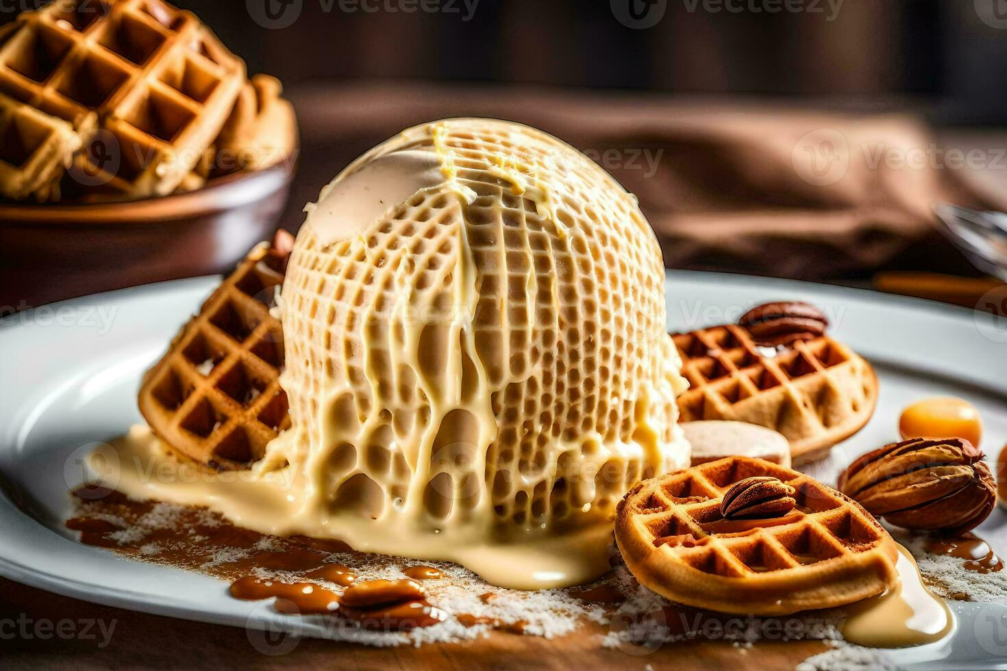 ein Waffel mit Eis Sahne und Nüsse auf ein Platte. KI-generiert foto