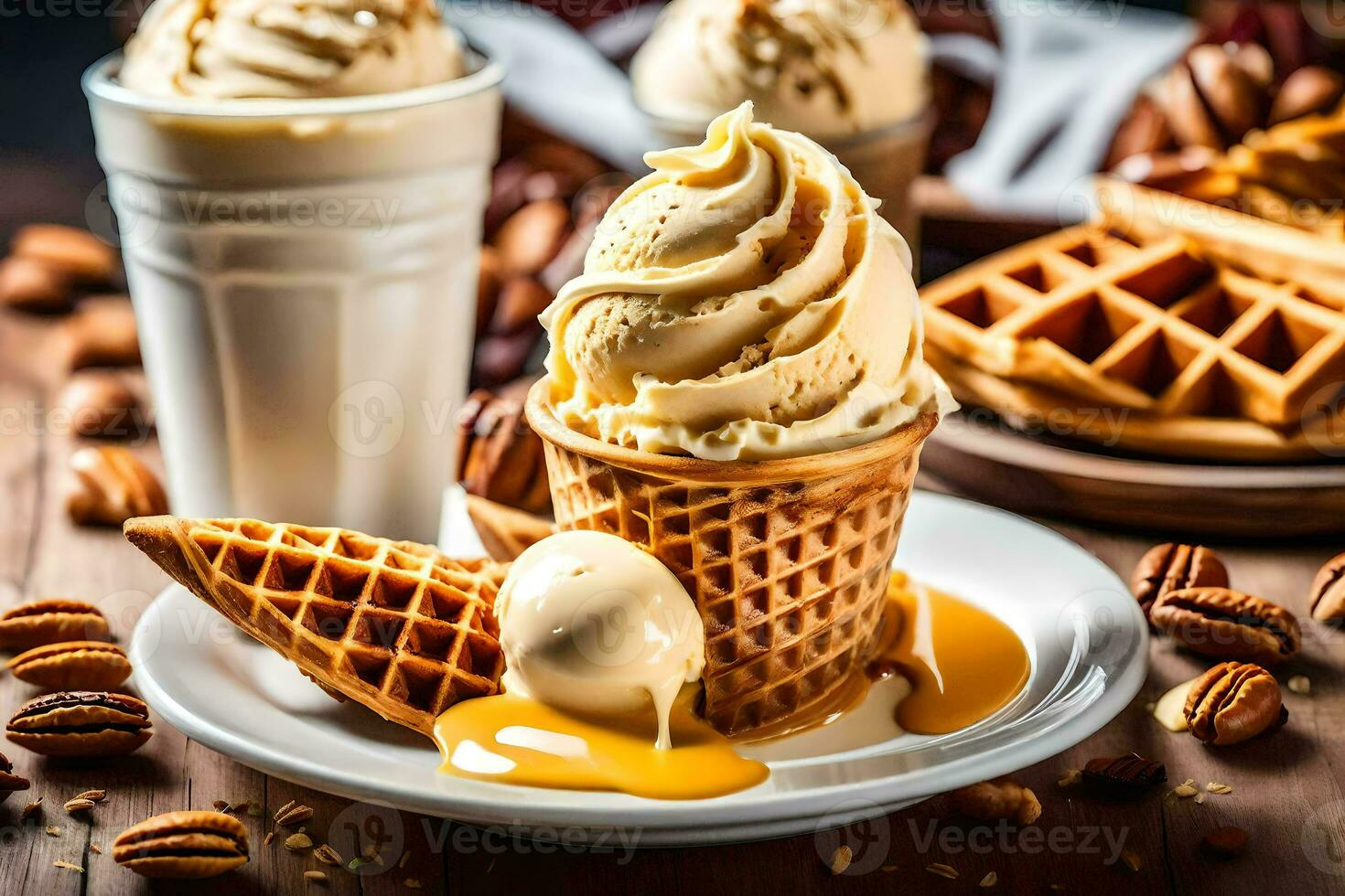 Eis Sahne und Waffeln auf ein Teller mit Nüsse. KI-generiert foto