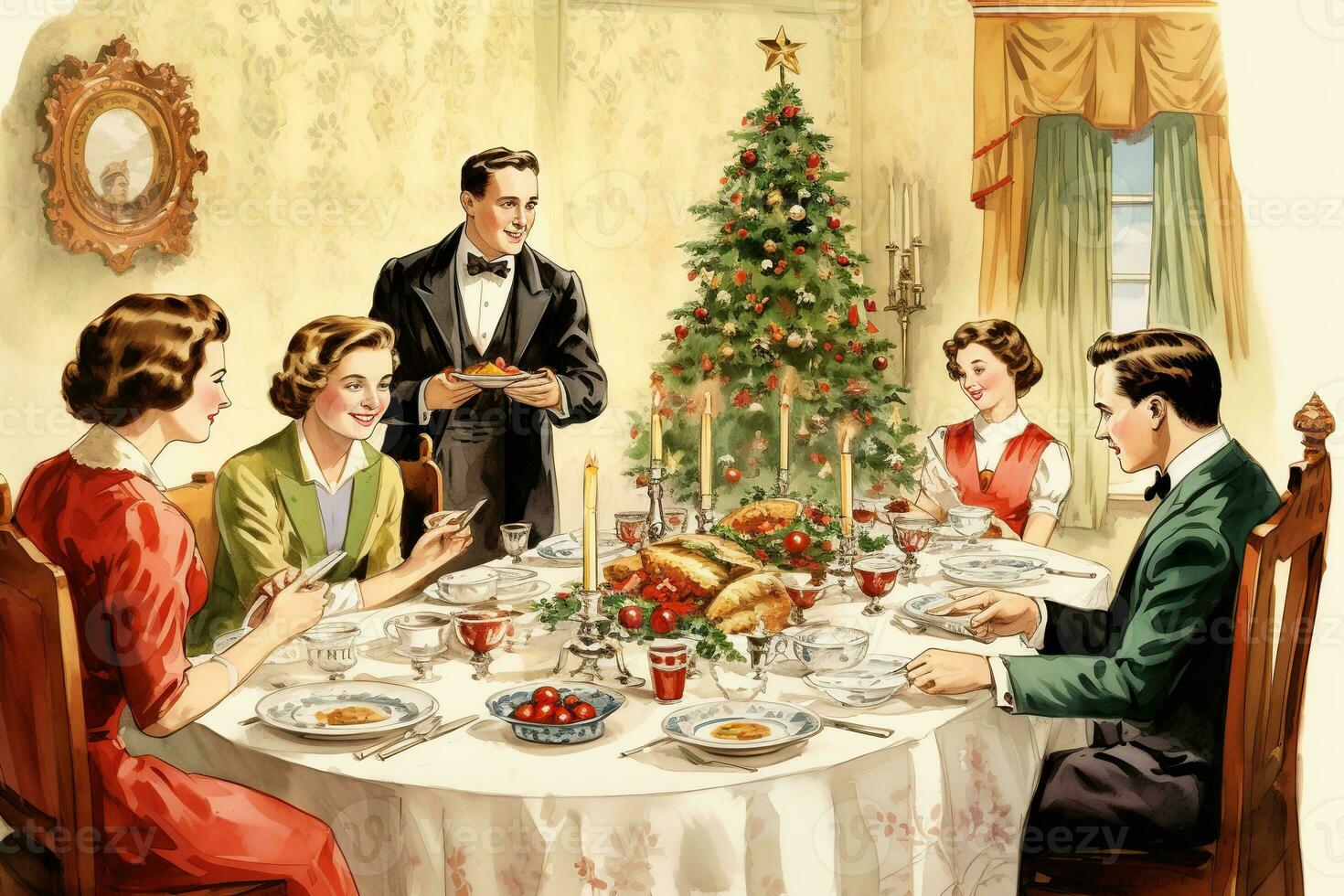 Jahrgang Illustration von ein Familie Weihnachten Abendessen. ai generiert foto