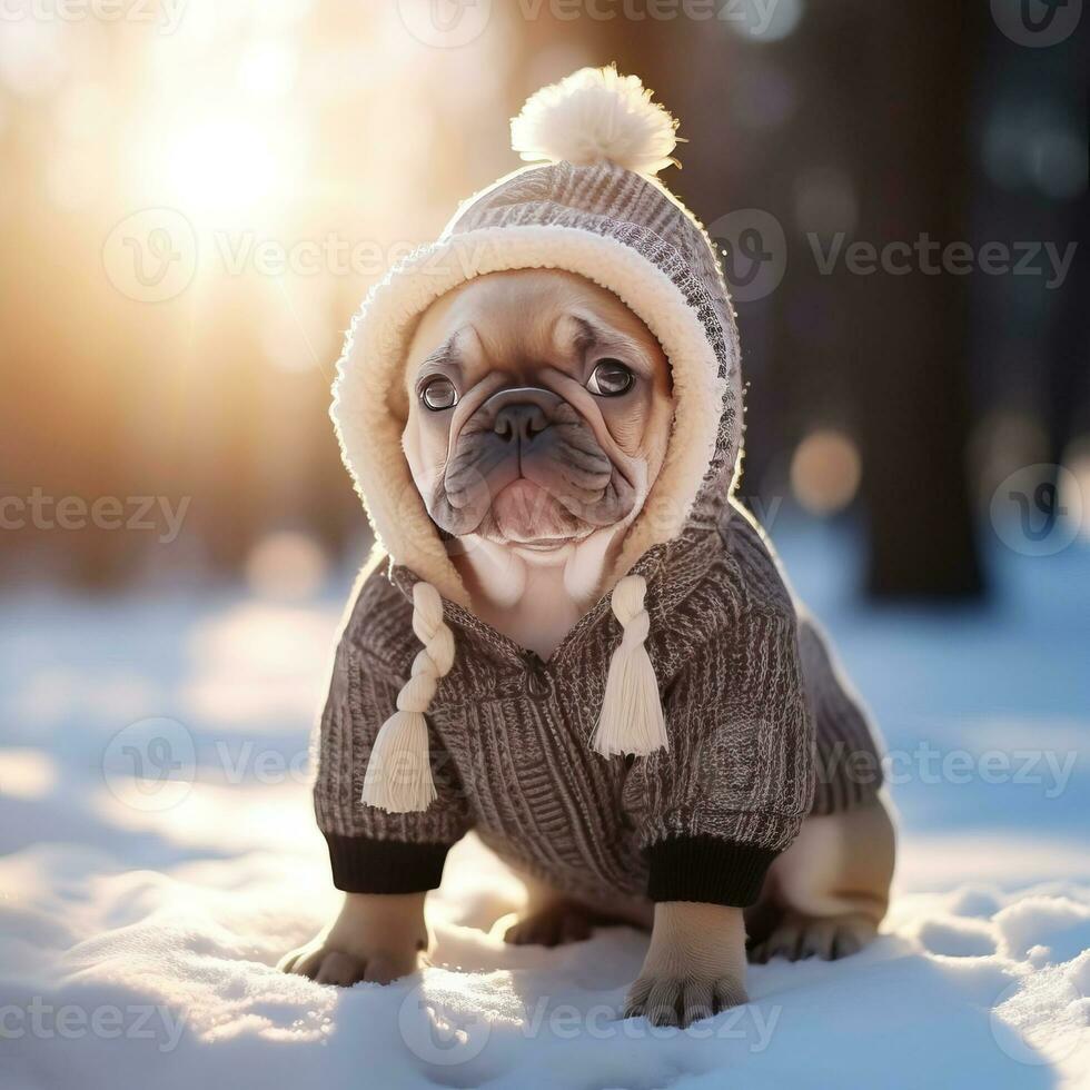 ai generiert klein Französisch Bulldogge im Winter Kleider läuft durch das Schnee. ai generiert foto