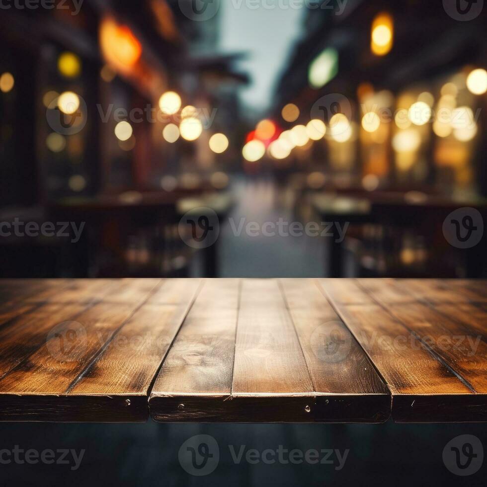 dunkel leeren hölzern Tabelle und verschwommen Cafe Hintergrund Vorderseite Aussicht ai generativ foto