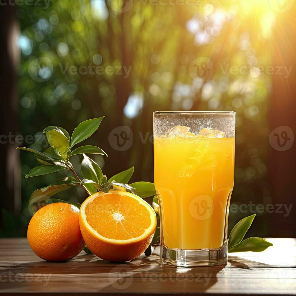 frisch Orange Saft im das Glas auf dunkel hölzern Tabelle mit verschwommen Natur Hintergrund ai generativ foto