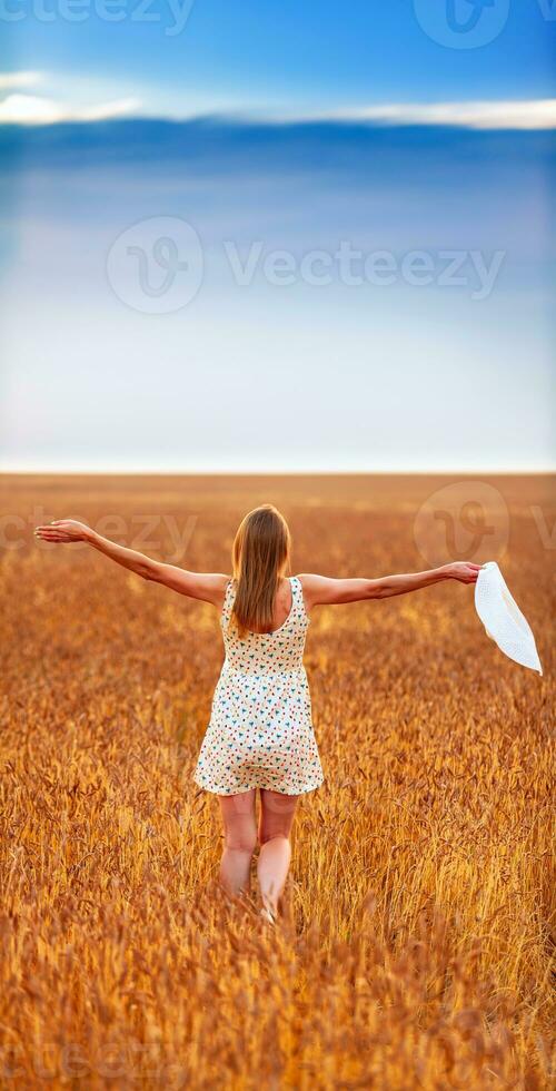 jung Frau Gehen im das Weizen Feld beim Sonnenuntergang. zurück Aussicht foto