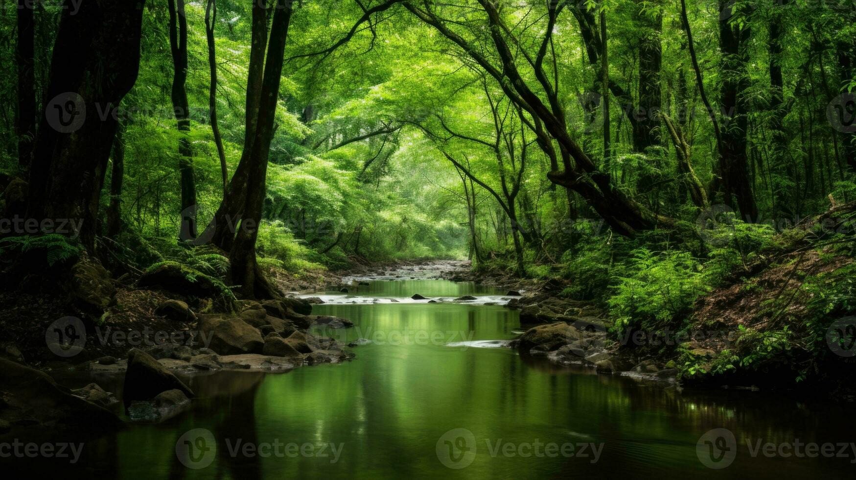 friedlich Wald Oase mit klar Strom umgeben durch üppig Grün Hintergrund Hintergrund Landschaft. ai generativ foto