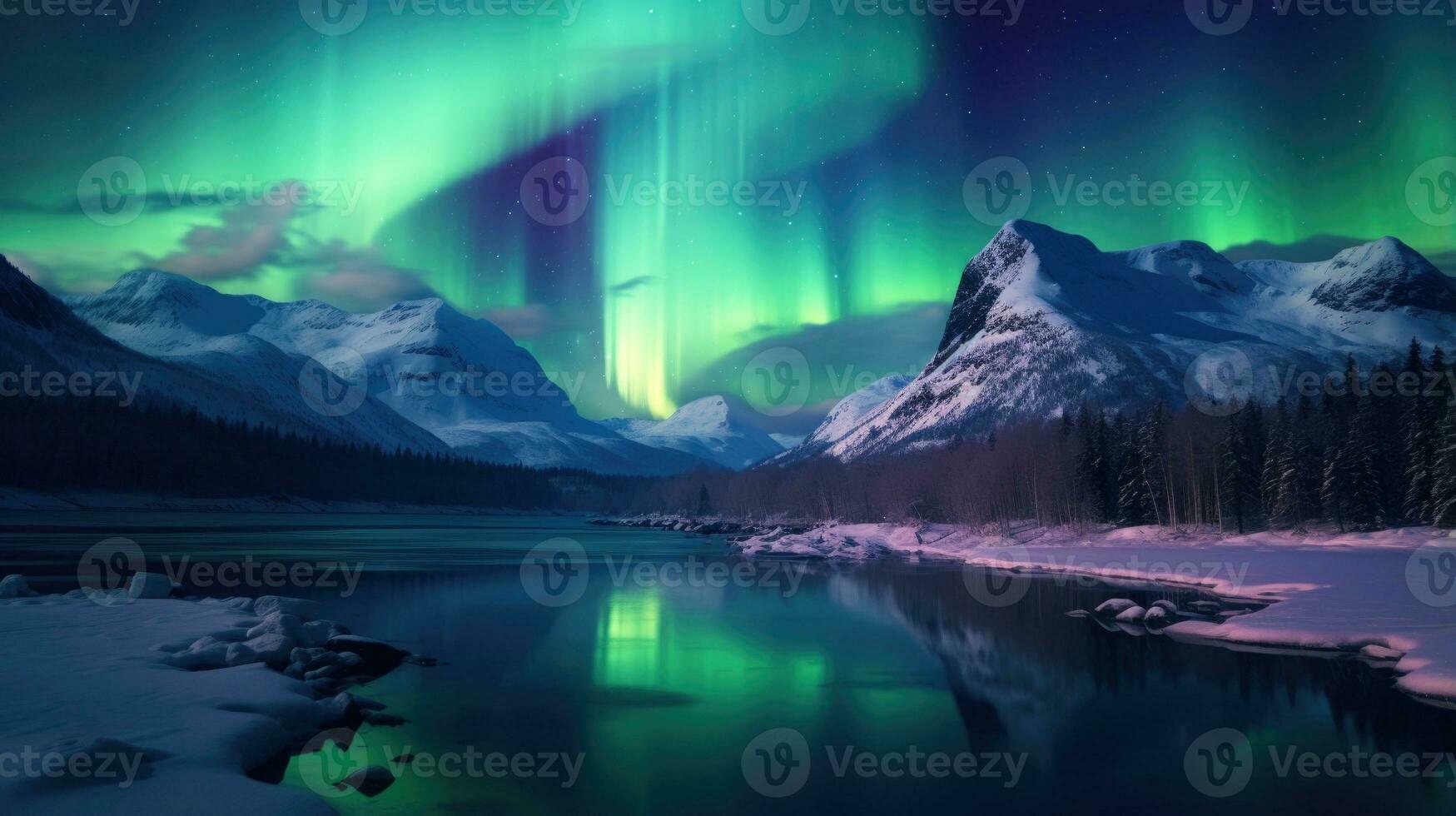 Aurora Borealis und Aurora australis gleichzeitig Beleuchtung oben das Polar- Himmel Hintergrund. ai generativ foto