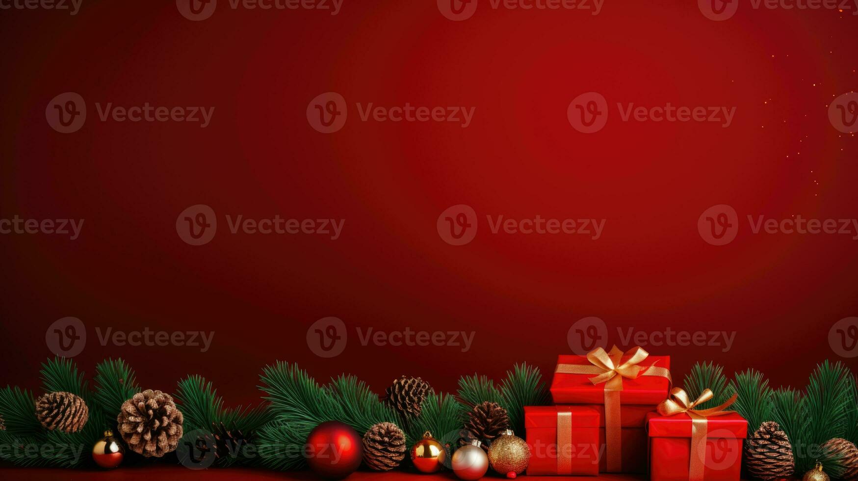 Weihnachten Banner mit Weihnachten Baum auf rot Segeltuch Hintergrund. fröhlich Weihnachten Karte. Winter Urlaub Thema. glücklich Neu Jahr. Raum zum Text. ai generativ foto