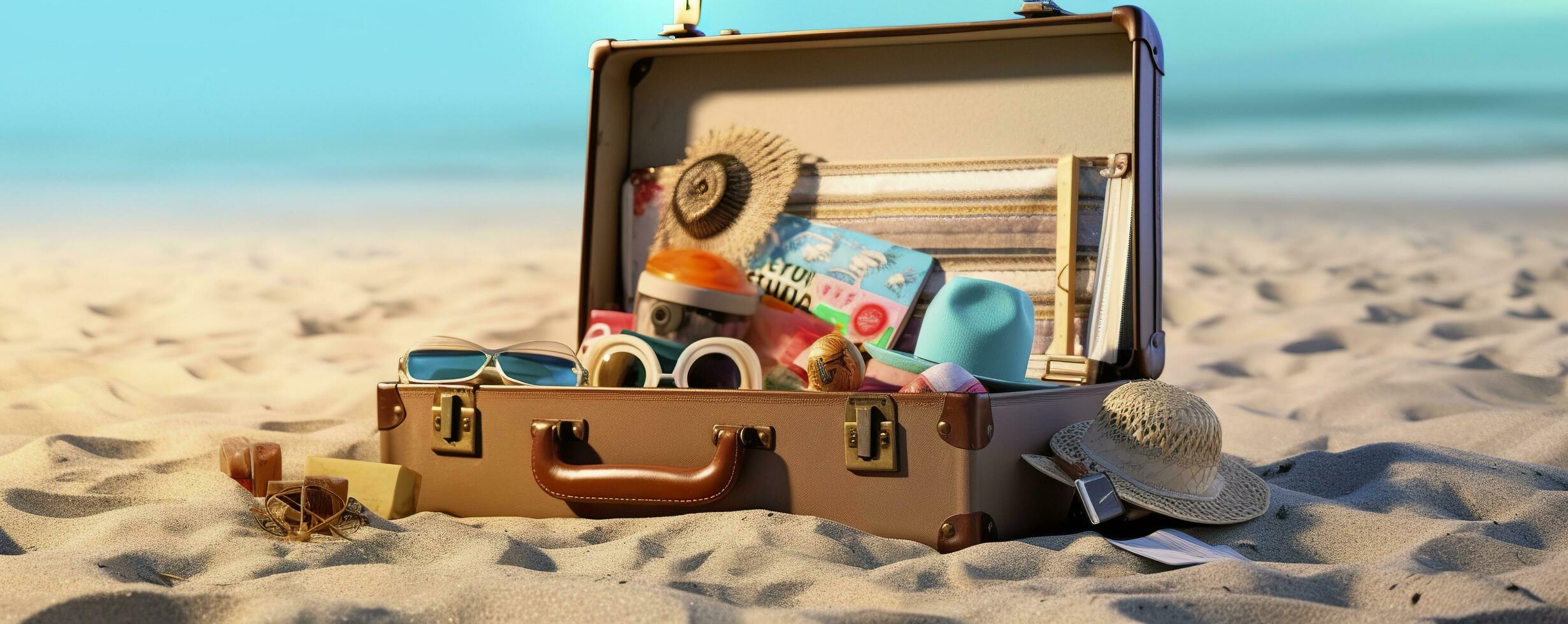 Strand Vorbereitung, Zubehör im Koffer auf Sand. generativ ai foto