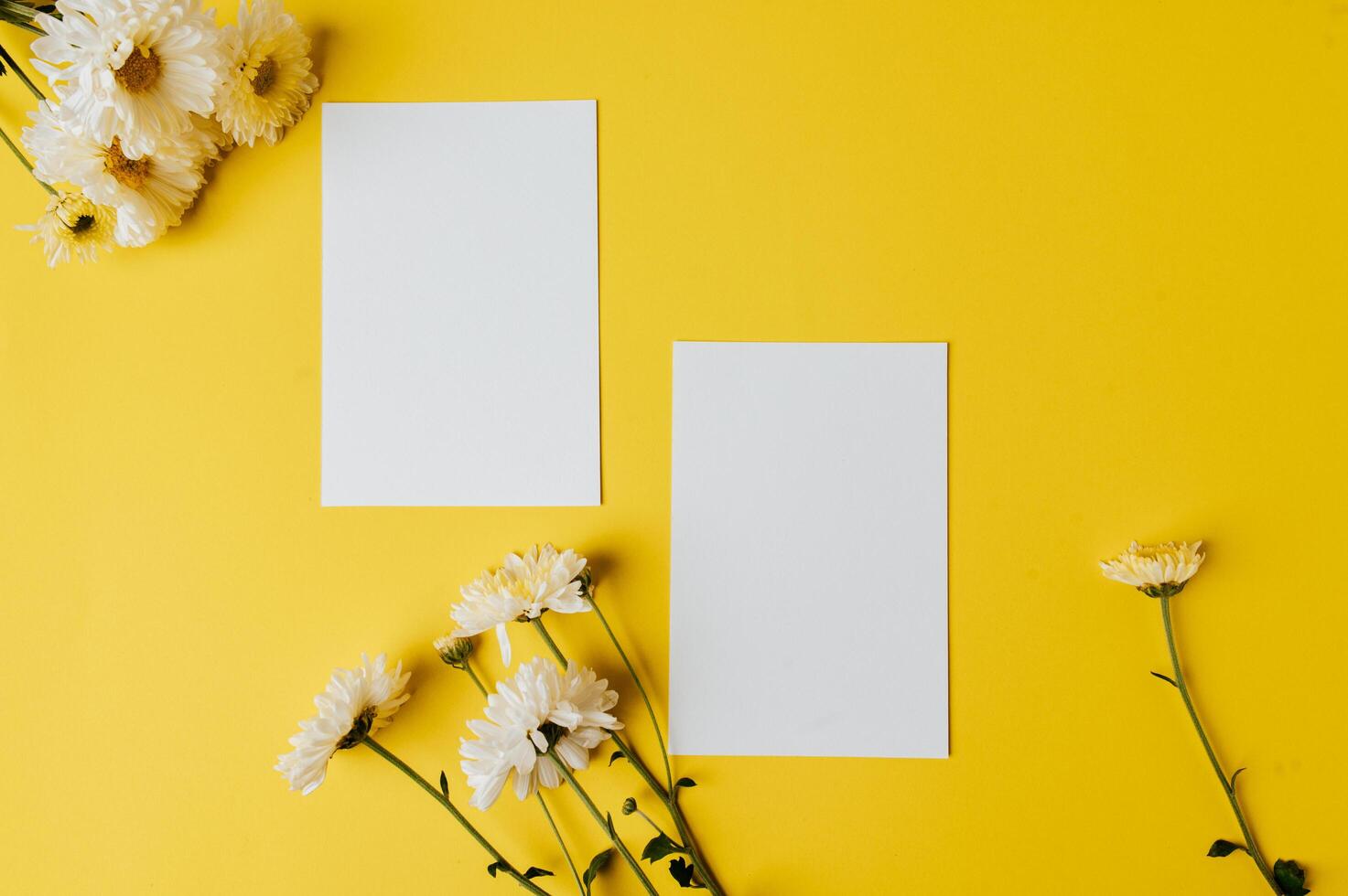 zwei leere karten mit blumen werden auf gelbem hintergrund platziert foto