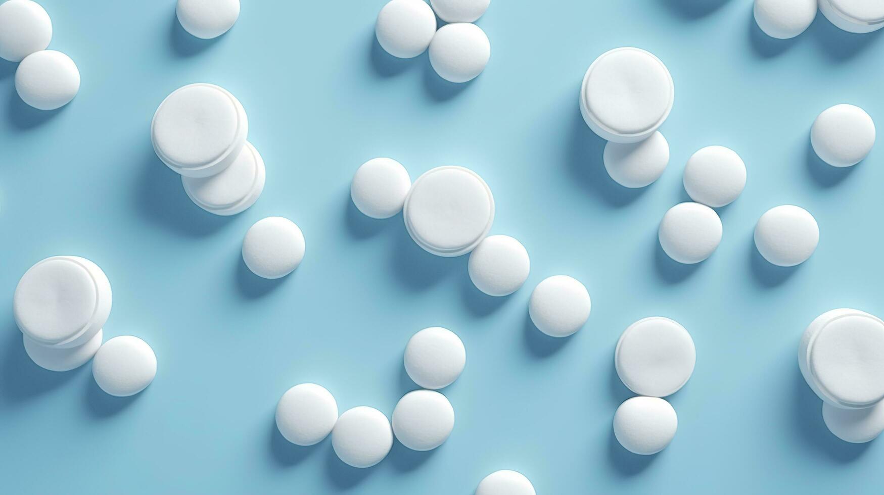 oben Aussicht Weiß Medizin Tablets Antibiotikum Tabletten auf ein Sanft Blau Hintergrund, Kopieren Raum, Apotheke Thema, ai generativ foto