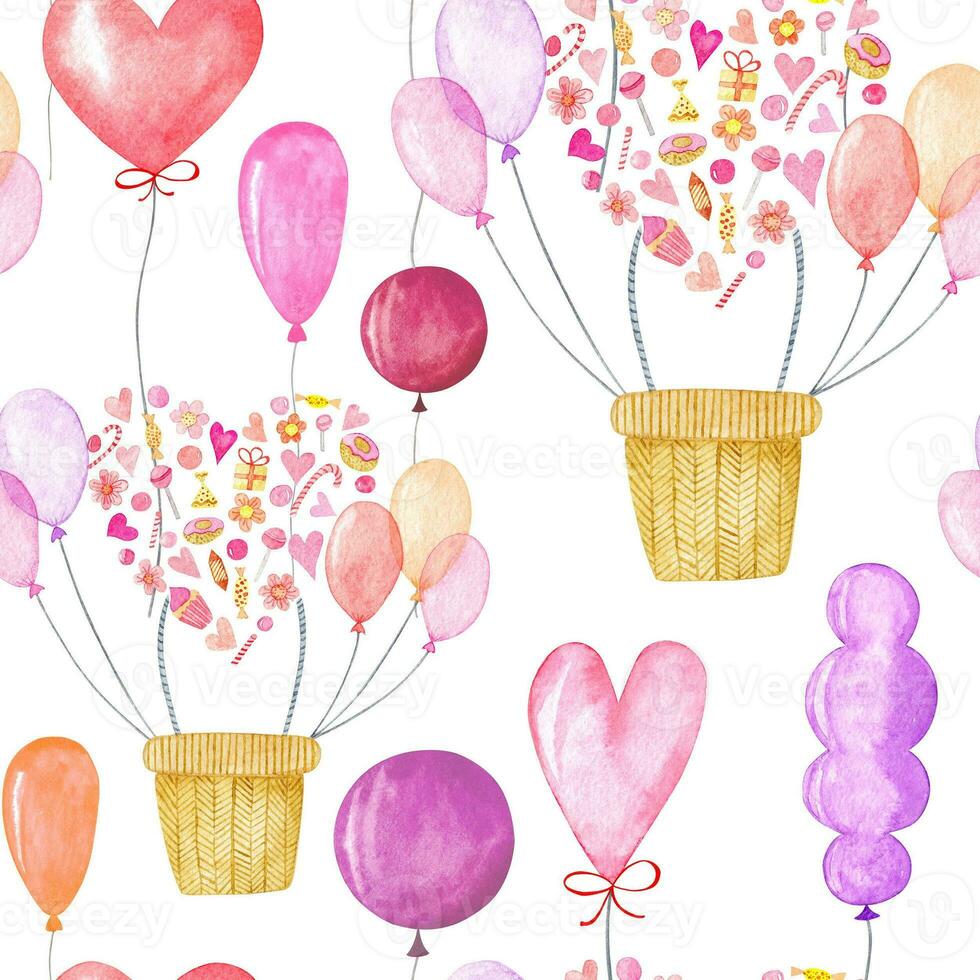 ein Aquarell Muster mit Luftballons und Herzen foto