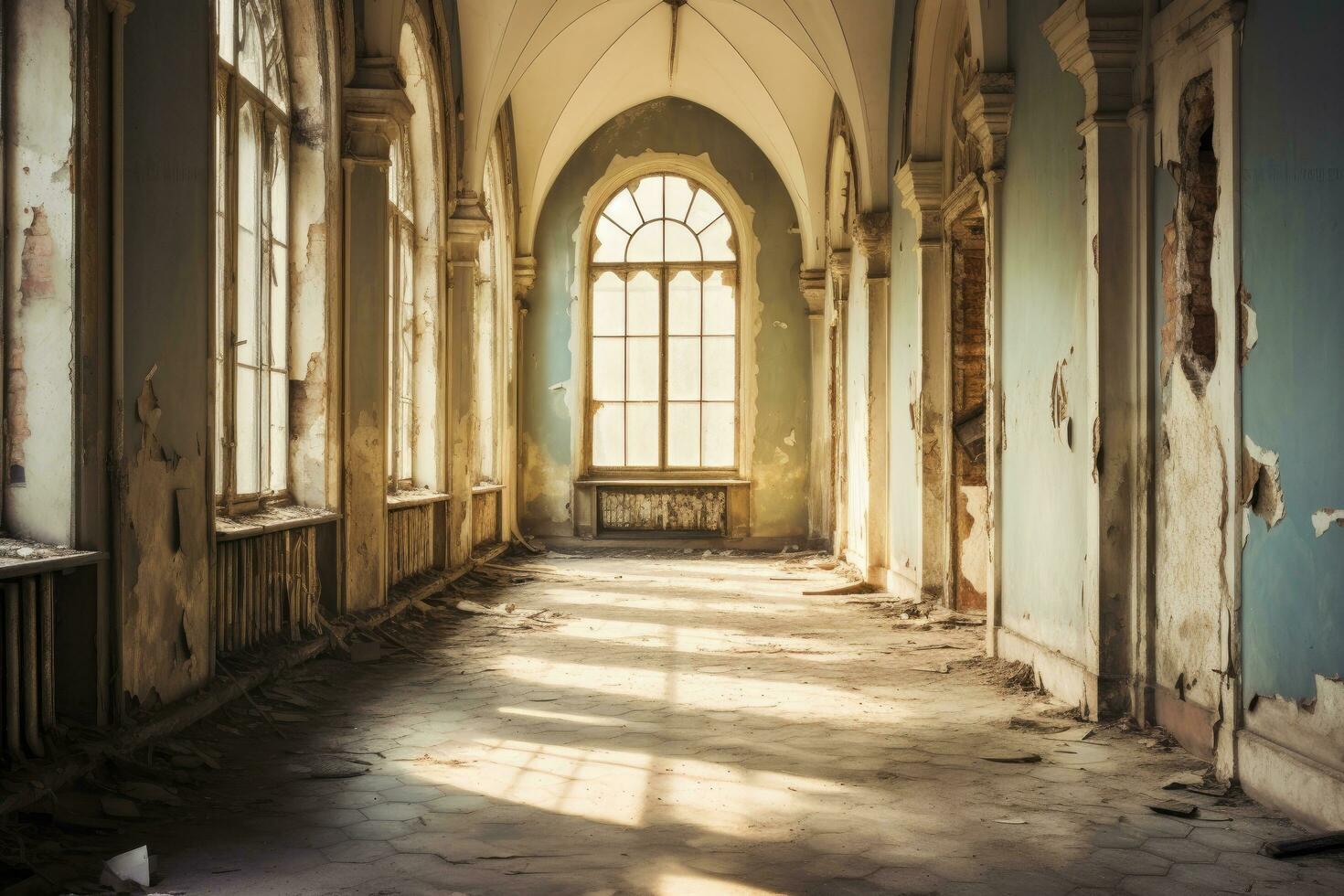 Innere von ein alt verlassen Gebäude mit ein Fenster im das Vordergrund, alt leeren Gang. Jahrgang verlassen Gebäude mit Fenster, ai generiert foto