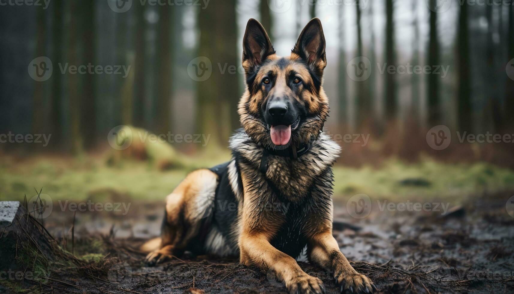 Deutsche Schäfer Hund Verlegung im das Gras beim Sonnenuntergang ai generiert foto