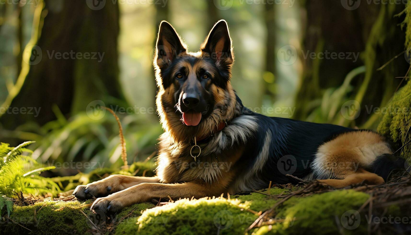 Deutsche Schäfer Hund Verlegung im das Gras beim Sonnenuntergang ai generiert foto