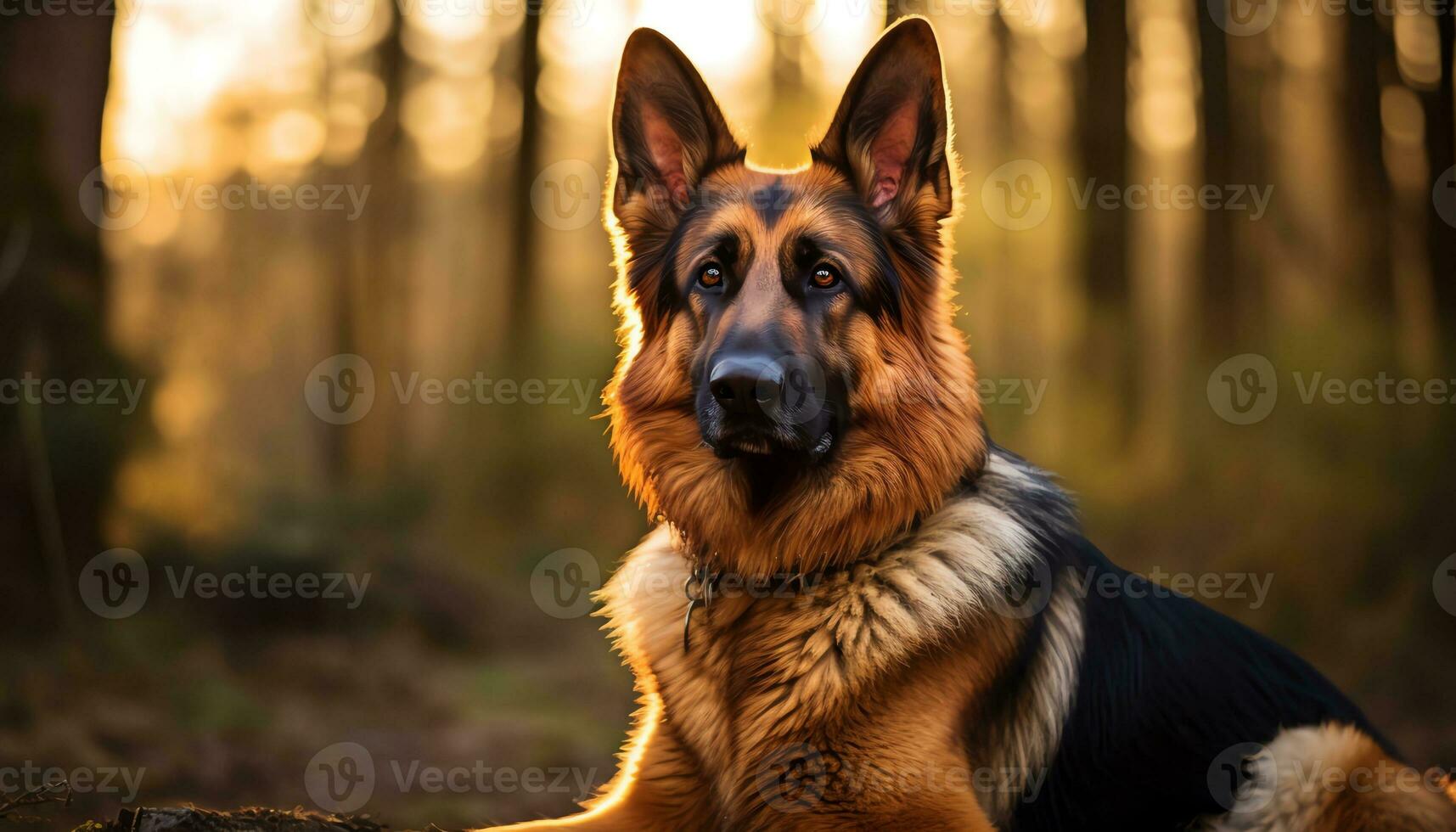 Deutsche Schäfer Hund Verlegung im das Gras beim Sonnenuntergang ai generiert foto