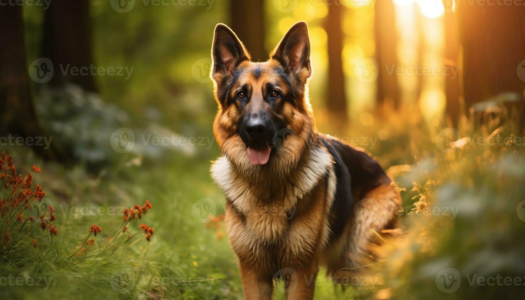 Deutsche Schäfer Hund Verlegung im das Gras beim Sonnenuntergang ai generiert foto