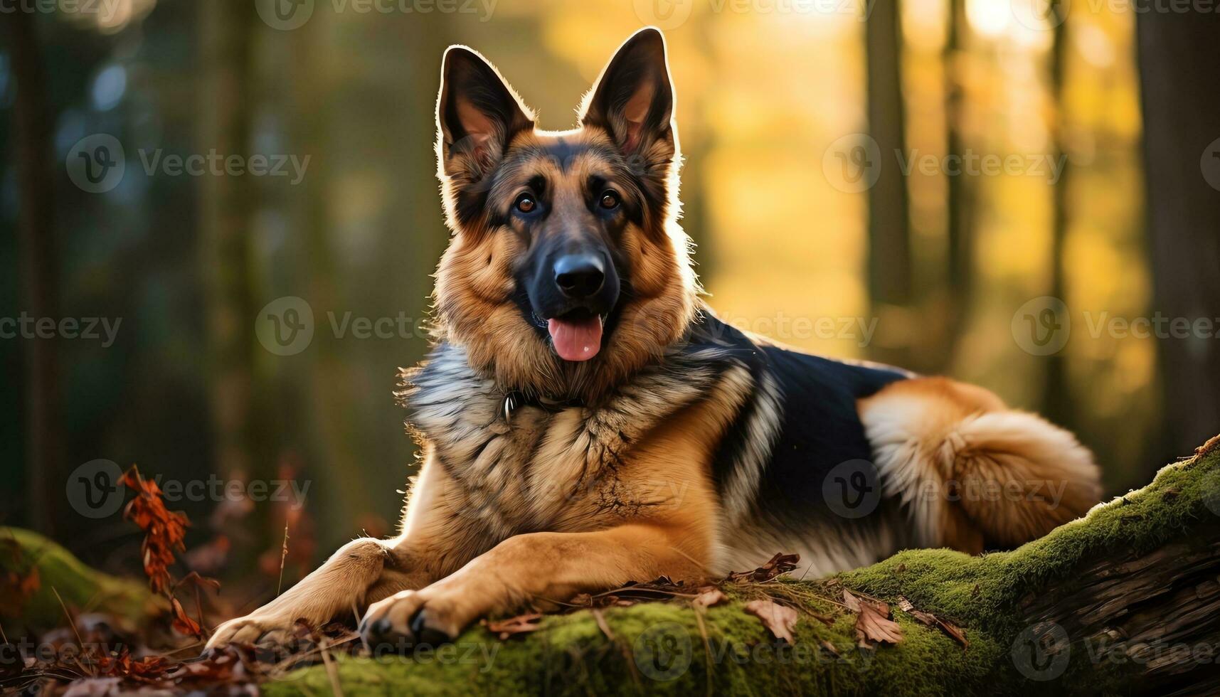 Deutsche Schäfer Hund Verlegung im das Gras beim Sonnenuntergang ai generiert foto