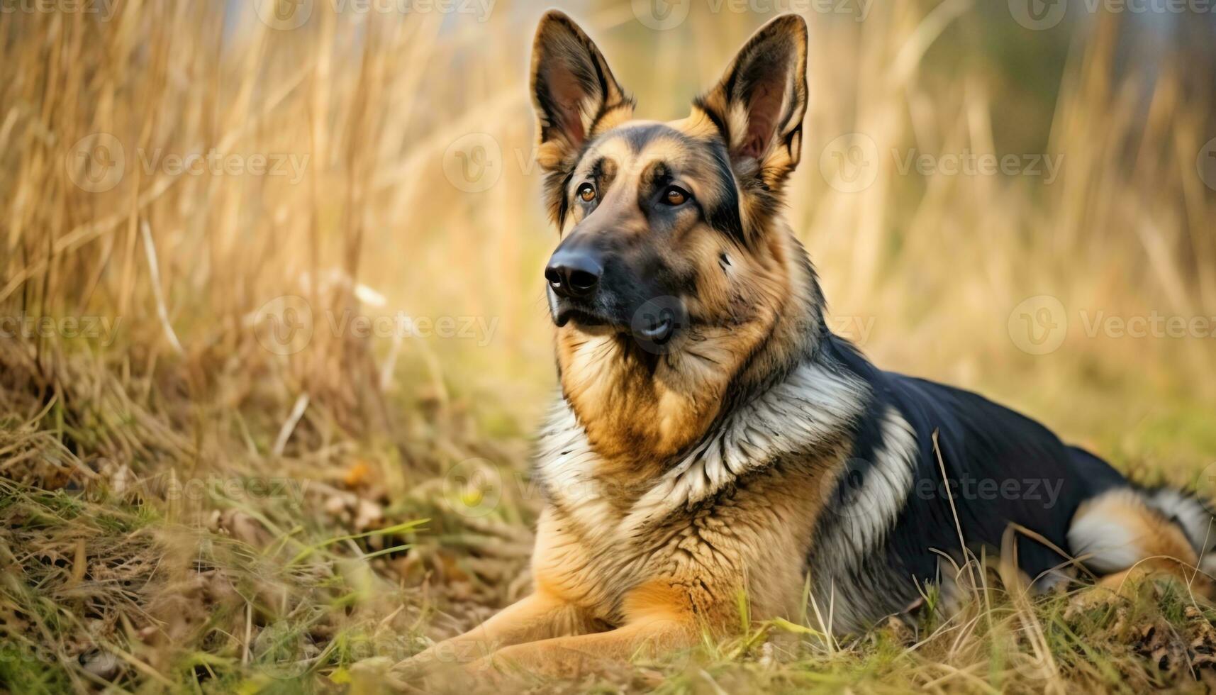 Deutsche Schäfer Hund Verlegung im das Gras beim Sonnenuntergang ai generiert foto