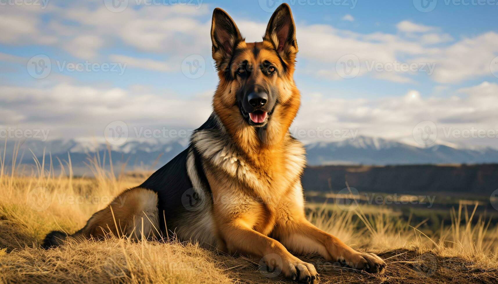 Deutsche Schäfer Hund Verlegung im das Gras beim Sonnenuntergang ai generiert foto