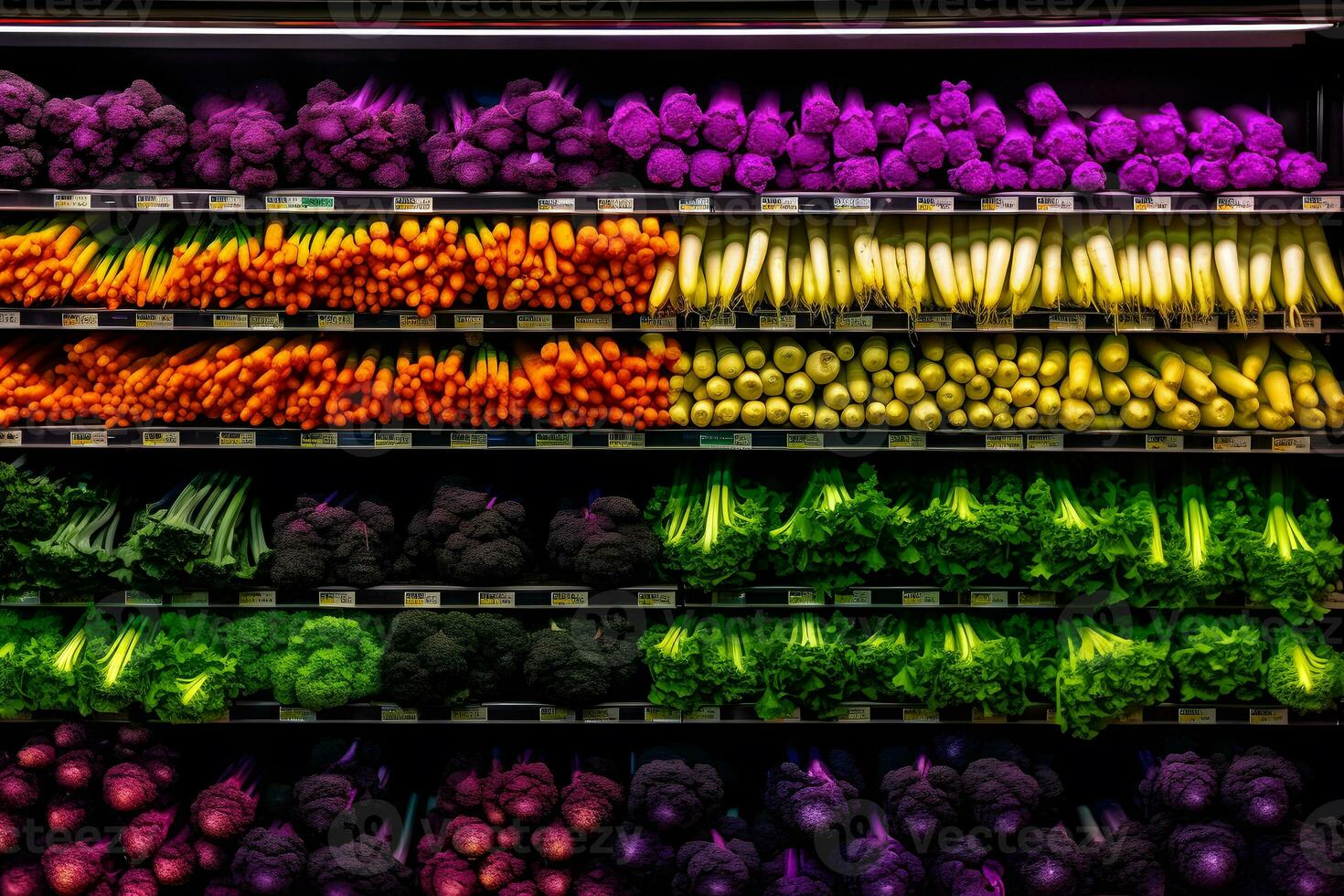 Supermarkt Vitrine mit hölzern Kisten von Gemüse. neural Netzwerk ai generiert foto