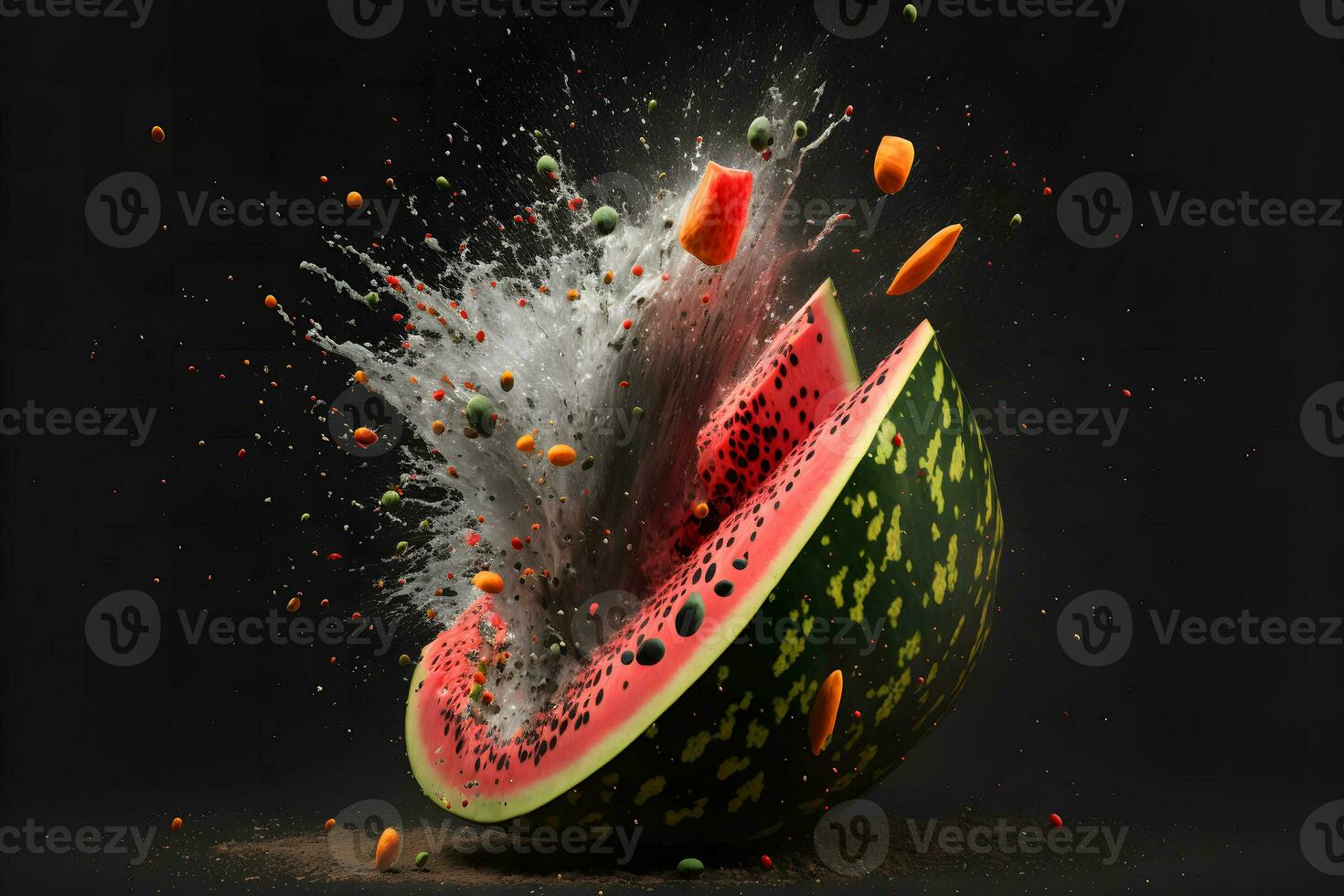 ein reif Wassermelone Stürze zu das Fußboden und zerschmettert zu Stücke. neural Netzwerk generiert Kunst foto